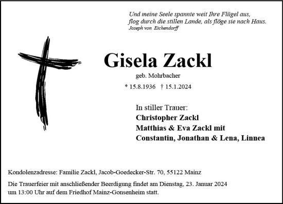 Traueranzeige von Gisela Zackl von Allgemeine Zeitung Mainz