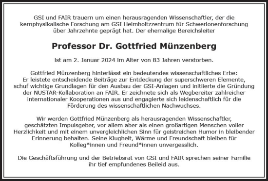 Traueranzeige von Gottfried Münzenberg von Darmstädter Echo