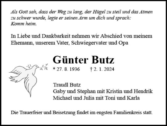 Traueranzeige von Günter Butz von Allgemeine Zeitung Mainz