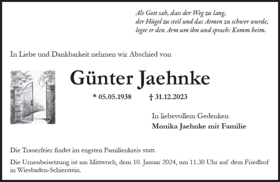 Traueranzeige von Günter Jaehnke von Wiesbadener Kurier