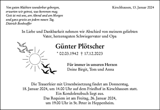 Traueranzeige von Günter Plötscher von Bergsträßer Anzeiger