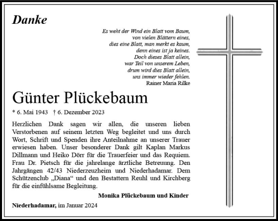 Traueranzeige von Günter Plückebaum von Nassauische Neue Presse