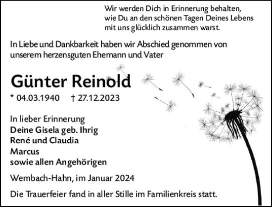 Traueranzeige von Günter Reinold von Darmstädter Echo