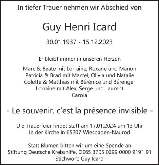 Traueranzeige von Guy Henri  Icard von Wiesbadener Kurier