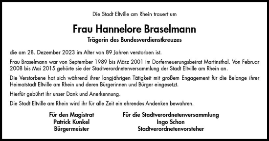 Traueranzeige von Hannelore Braselmann von Rheingau Kurier