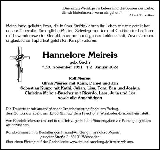 Traueranzeige von Hannelore Meireis von Wiesbadener Kurier
