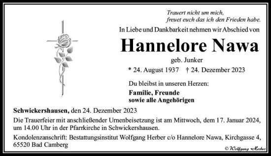 Traueranzeige von Hannelore Nawa von Camberger Anzeiger