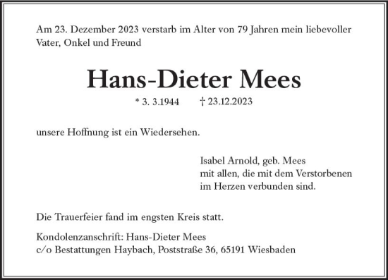 Traueranzeige von Hans-Dieter Mees von Wiesbadener Kurier