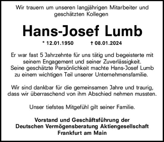 Traueranzeige von Hans-Josef Lumb von Allgemeine Zeitung Mainz