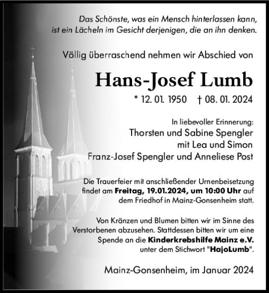 Traueranzeige von Hans-Josef Lumb von Allgemeine Zeitung Mainz