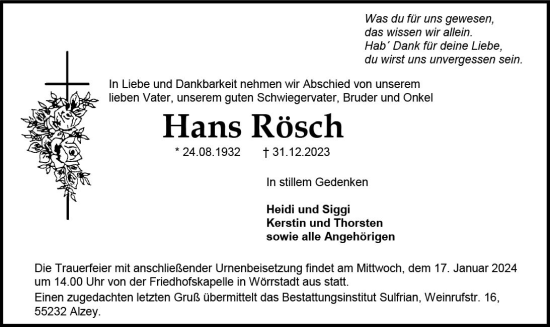 Traueranzeige von Hans Rösch von Allgemeine Zeitung Alzey