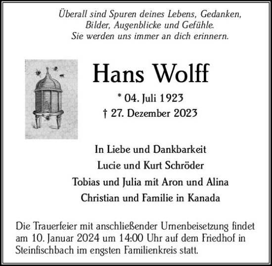 Traueranzeige von Hans Wolff von Camberger Anzeiger
