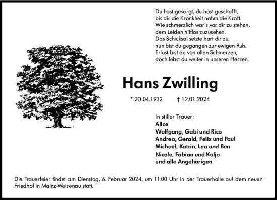 Traueranzeige von Hans Zwilling von Allgemeine Zeitung Mainz