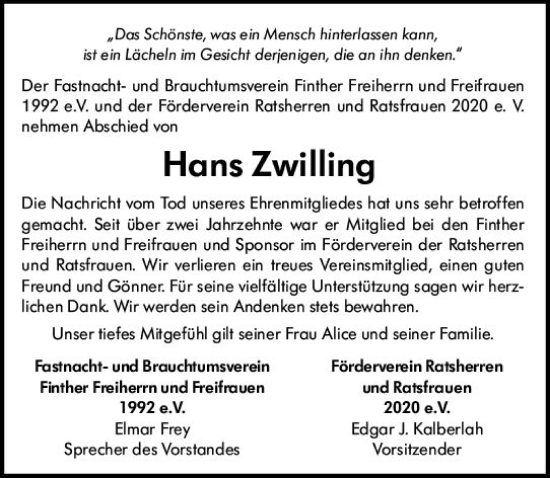 Traueranzeige von Hans Zwilling von Allgemeine Zeitung Mainz