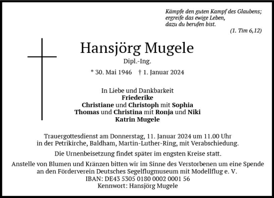 Traueranzeige von Hansjörg Mugele von Starkenburger Echo