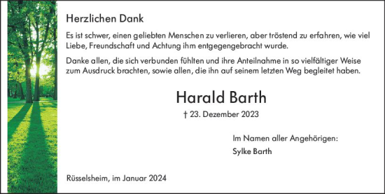 Traueranzeige von Harald Barth von Rüsselsheimer Echo