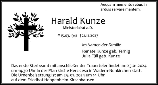 Traueranzeige von Harald Kunze von Starkenburger Echo