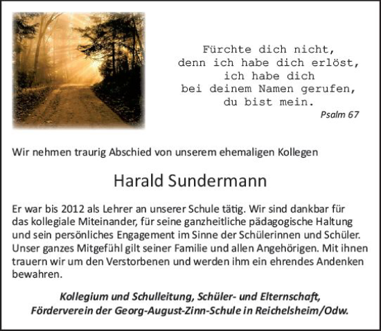 Traueranzeige von Harald Sundermann von Odenwälder Echo