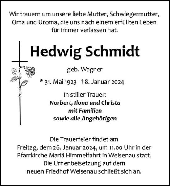 Traueranzeige von Hedwig Schmidt von Allgemeine Zeitung Mainz