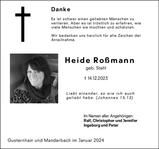 Traueranzeige von Heide Roßmann von Dill Block