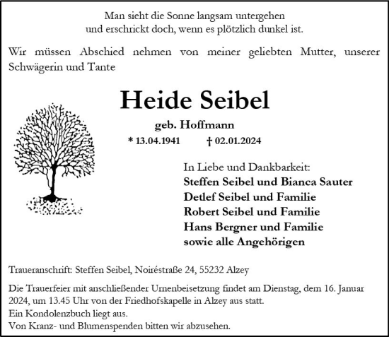 Traueranzeige von Heide Seibel von Allgemeine Zeitung Alzey