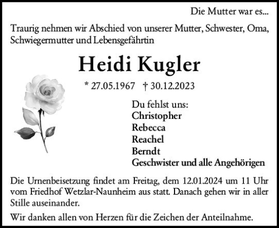 Traueranzeige von Heidi Kugler von Wetzlarer Neue Zeitung