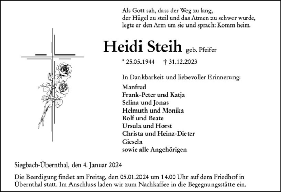 Traueranzeige von Heidi Steih von Hinterländer Anzeiger