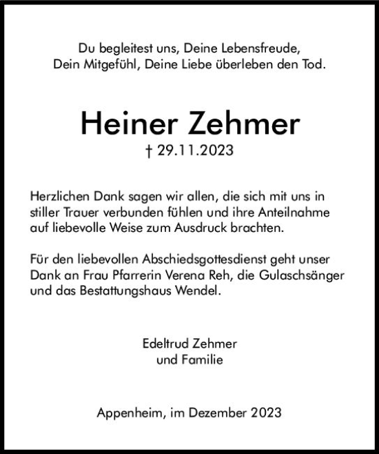 Traueranzeige von Heiner Zehmer von Allgemeine Zeitung Bingen/Ingelheim