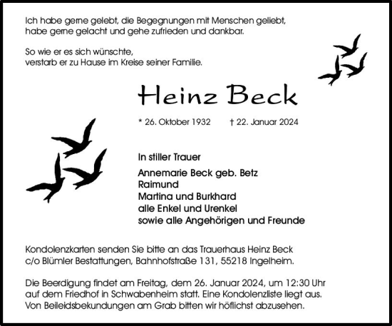 Traueranzeige von Heinz Beck von Allgemeine Zeitung Bingen/Ingelheim