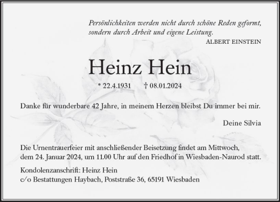 Traueranzeige von Heinz Hein von Wiesbadener Kurier
