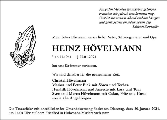 Traueranzeige von Heinz Hövelmann von Wetzlarer Neue Zeitung