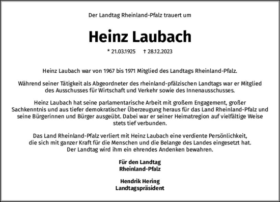 Traueranzeige von Heinz Laubach von Allgemeine Zeitung Mainz