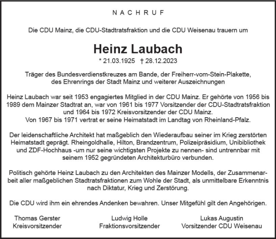 Traueranzeige von Heinz Laubach von Allgemeine Zeitung Mainz