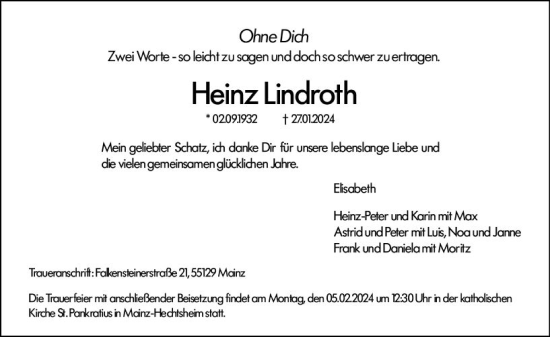 Traueranzeige von Heinz Lindroth von Allgemeine Zeitung Mainz