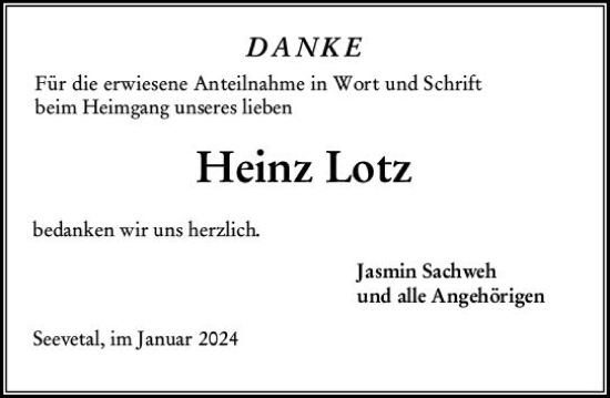Traueranzeige von Heinz Lotz von Wetzlarer Neue Zeitung