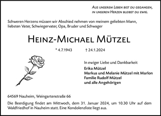 Traueranzeige von Heinz-Michael Mützel von Rüsselsheimer Echo
