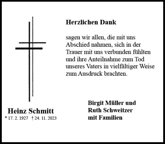 Traueranzeige von Heinz Schmitt von Allgemeine Zeitung Mainz