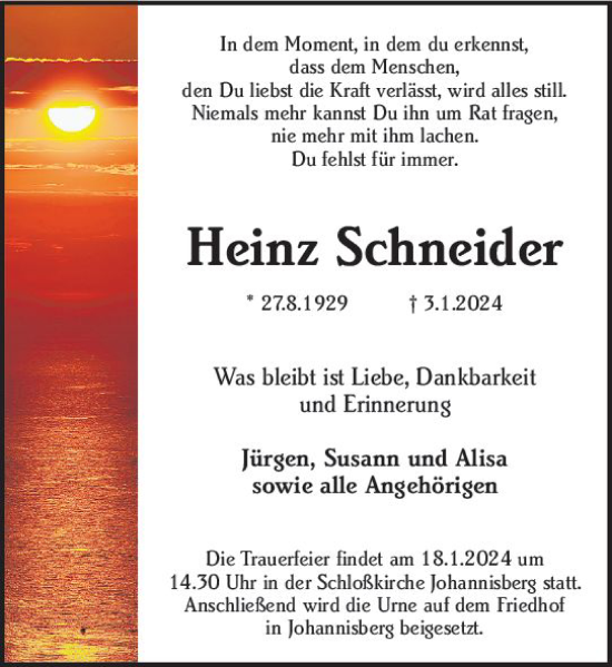 Traueranzeige von Heinz Schneider von Wiesbadener Kurier