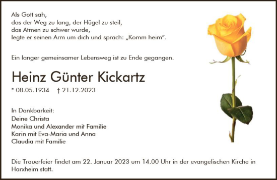Traueranzeige von Heinz Günter Kickartz von Allgemeine Zeitung Mainz