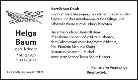 Traueranzeige von Helga Baum von Idsteiner Land/Untertaunus