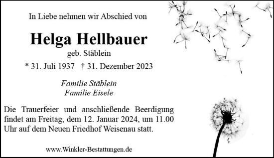Traueranzeige von Helga Hellbauer von Allgemeine Zeitung Mainz