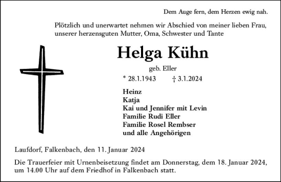 Traueranzeige von Helga Kühn von Weilburger Tageblatt