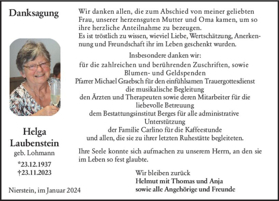 Traueranzeige von Helga Laubenstein von Allgemeine Zeitung Mainz