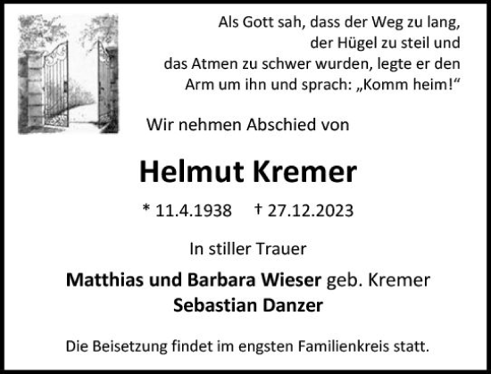 Traueranzeige von Helmut Kremer von Wiesbadener Kurier