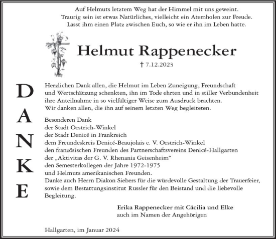 Traueranzeige von Helmut Rappenecker von Rheingau Kurier