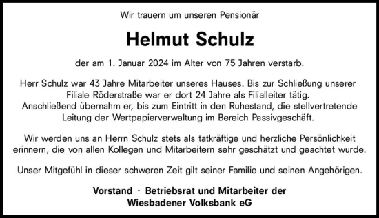 Traueranzeige von Helmut Schulz von Wiesbadener Kurier
