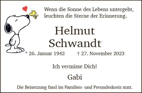 Traueranzeige von Helmut Schwandt von Wiesbadener Kurier