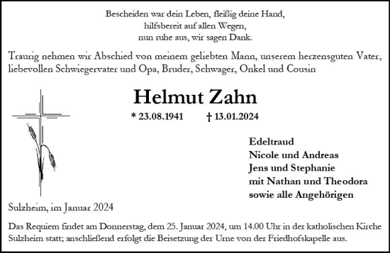 Traueranzeige von Helmut Zahn von Allgemeine Zeitung Alzey