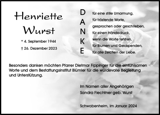 Traueranzeige von Henriette Wurst von Allgemeine Zeitung Bingen/Ingelheim