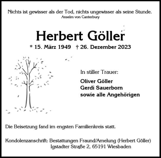 Traueranzeige von Herbert Güller von Wiesbadener Kurier